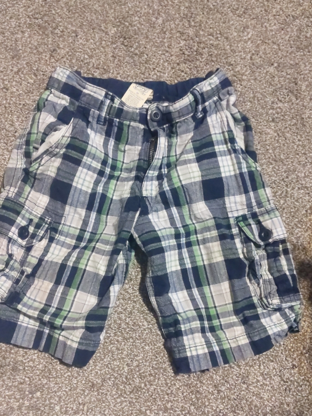 Faded Glory Boys Navy, Green & White Plaid Cargo Shorts